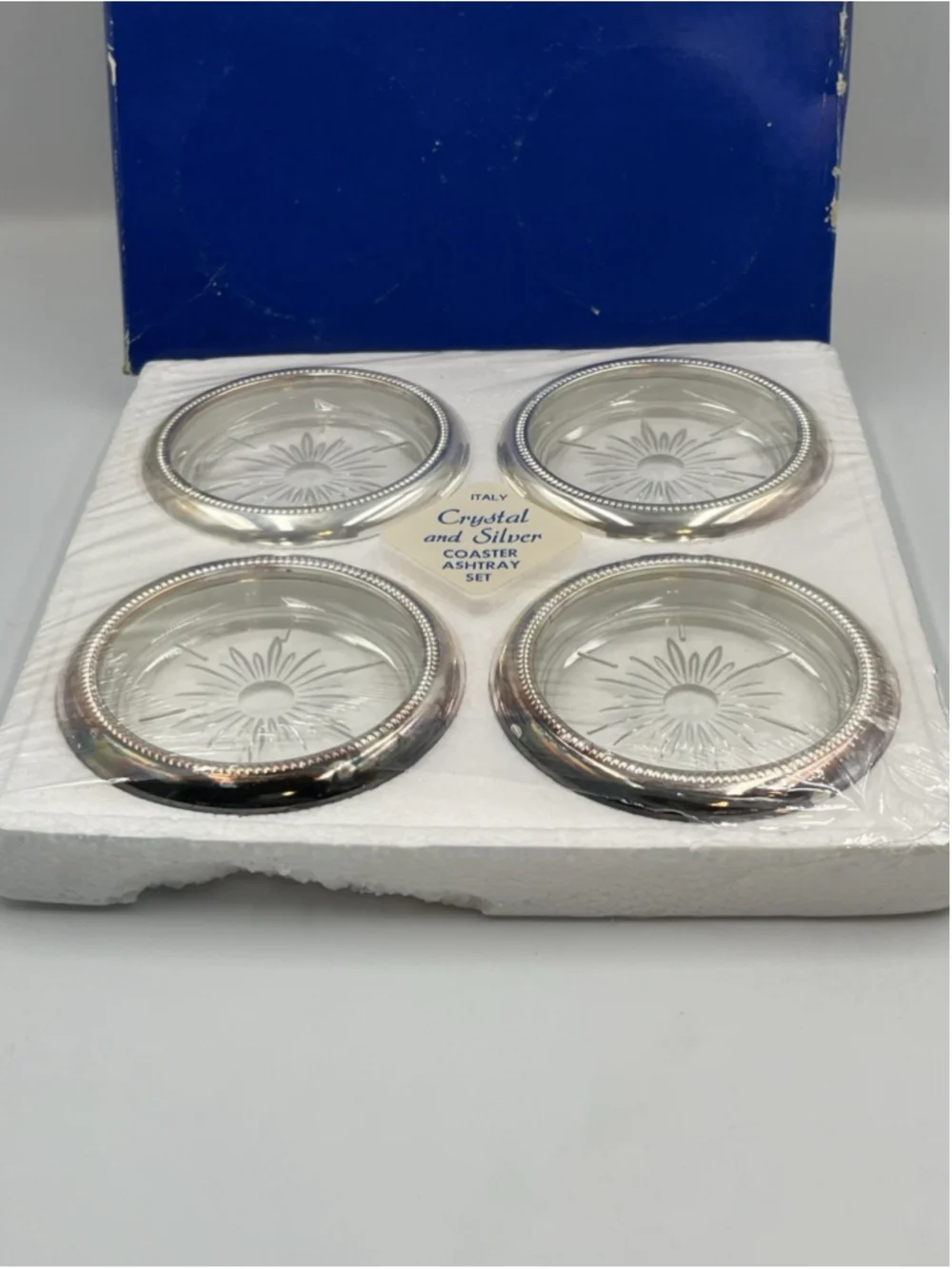VTG Leonard Crystal Silver Plated 4 Coasters Starburst Pattern ITALY 25th Anniv